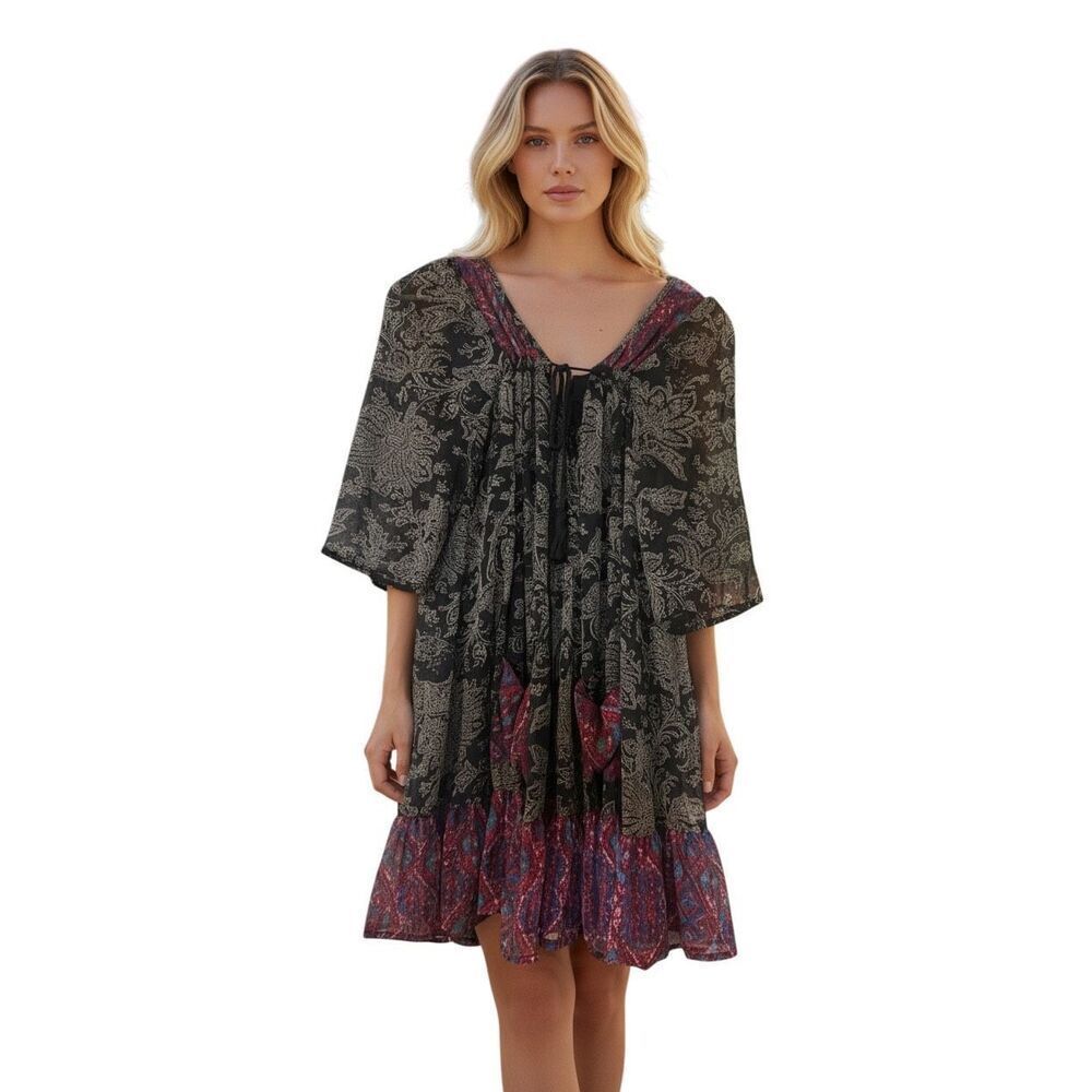 En Creme Women's Size S Oversized Sleeve Ruffled Peasant Dress Paisley Bohemian